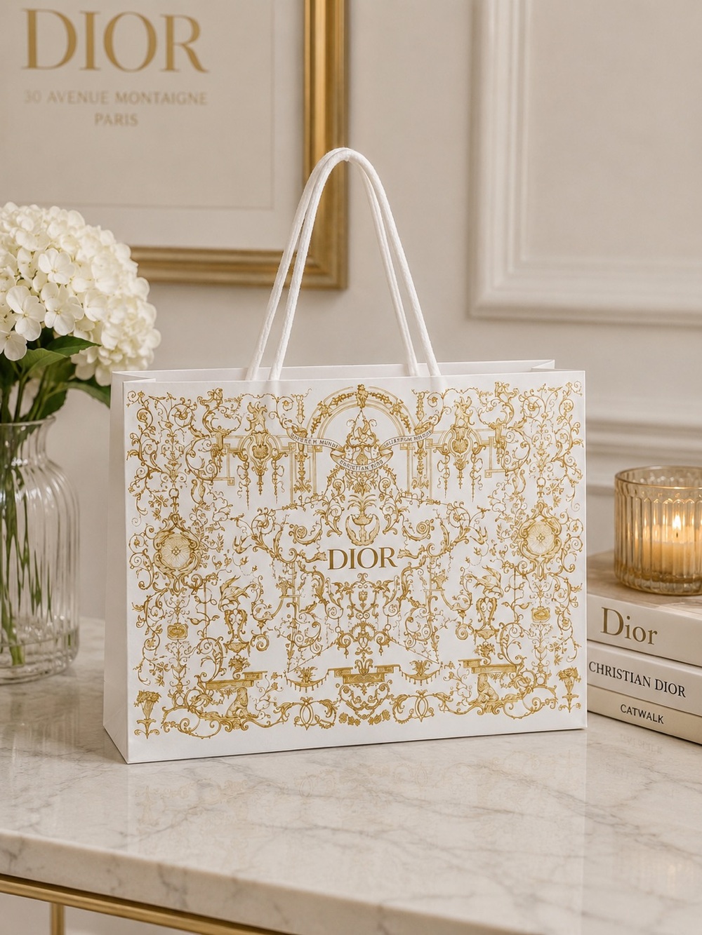 Dior White and Gold Ornate Tote Bag